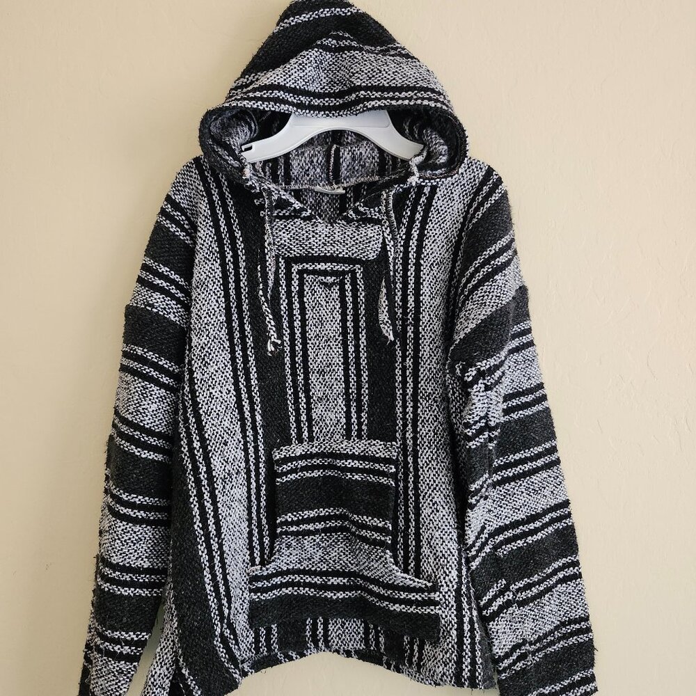 Vel-Mex Mexican Baja Poncho Surfer Blanket Hoodie Rasta Youth L Black White